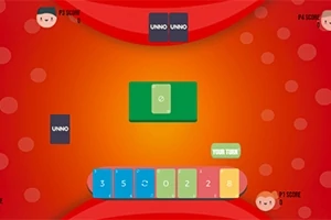 赤い背景に、中央に緑のカードがあり、下部には青、緑、黄色などの数字カードが並んでいる。