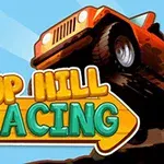 オレンジ色の車が崖を上っているイラストで、その横にはカラフルな「UP HILL RACING」という文字が描かれている。