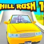 黄色の車に乗るキャラクターが滑らかな坂道を走っているイラスト。