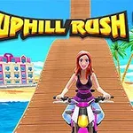 バイクに乗って木製の道を走る女性のキャラクター。
