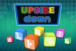 カラフルなキューブが並ぶ背景に、「UPSIDE down」という文字が表示されたデジタル風のデザイン。