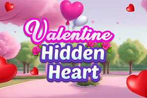 ピンクの木々とハート型の風船が浮かぶ公園の風景の中央にカラフルな文字で「Valentine Hidden Heart」と表示されています。