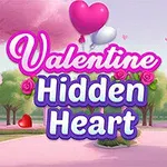 ピンクの木々とハート型の風船が浮かぶ公園の風景の中央にカラフルな文字で「Valentine Hidden Heart」と表示されています。