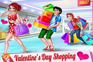 ショッピングモールで色とりどりの買い物袋を持った3人の男女がいるバレンタインデーのイメージ。