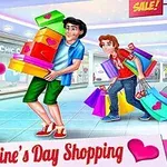 ショッピングモールで色とりどりの買い物袋を持った3人の男女がいるバレンタインデーのイメージ。