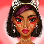 ハート模様のメイクをした女性が猫耳のカチューシャをつけているイラスト。