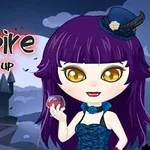 紫色の髪の少女が青いドレスと小さな帽子を身に着けてワイングラスを持ち、背景に城とコウモリが飛んでいる夜の風景。
