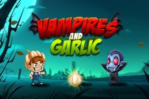 青い背景に大きく「Vampires and Garlic」と書かれた文字、青年と吸血鬼のイラスト、中央にニンニクが描かれている。
