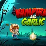 青い背景に大きく「Vampires and Garlic」と書かれた文字、青年と吸血鬼のイラスト、中央にニンニクが描かれている。
