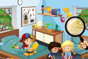 子供たちが遊んでいる部屋で、壁に昆虫の絵が飾られ、机の上にトロフィーや地球儀、手に虫眼鏡がある。