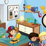 子供たちが遊んでいる部屋で、壁に昆虫の絵が飾られ、机の上にトロフィーや地球儀、手に虫眼鏡がある。