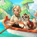 ボートに乗っている女性二人とリュックを背負ったアライグマが描かれている、明るく色鮮やかなイラスト。