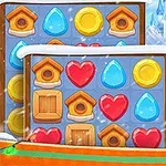 女性キャラクターが暖かいコートを着て、鳥を持ちながら、背景に雪景色の中でカラフルなパズルピースが並んでいる。