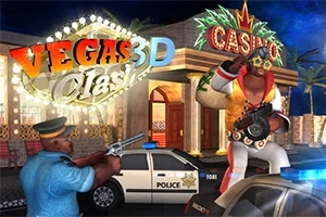 カジノの前で警察官が武装したエルヴィス風のキャラクターに銃を向けているイラスト。