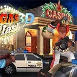 カジノの前で警察官が武装したエルヴィス風のキャラクターに銃を向けているイラスト。