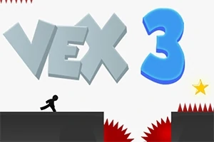 「VEX 3」のタイトル文字と、障害物の間をランニングする黒いシルエットキャラクターが描かれている画像。