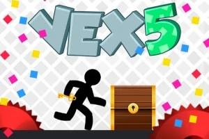 黒いスティックマンが鍵を手に木の宝箱に向かって走っている様子。
