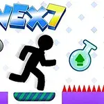 黒い人型シルエットが障害物コースを走り抜けるアクションシーン。