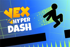 青い背景に黒いシルエットの人型キャラクターがジャンプし、黄色の文字で「VEX HYPER DASH」と書かれている。