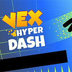 青い背景に黒いシルエットの人型キャラクターがジャンプし、黄色の文字で「VEX HYPER DASH」と書かれている。