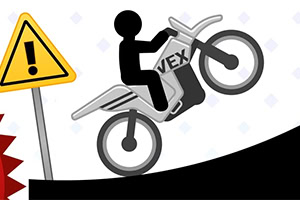 バイクに乗った黒いシルエットの人物が警告標識の近くを走っている。