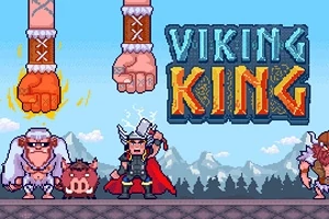ヴァイキングのキャラクターと敵が描かれ、背景に山々と「VIKING KING」の文字が表示されたピクセルアートのイラスト。