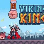 ヴァイキングのキャラクターと敵が描かれ、背景に山々と「VIKING KING」の文字が表示されたピクセルアートのイラスト。