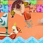 色とりどりのブロックが空中に並び、赤い船に乗ったキャラクターが海の波に浮かんでいて、上から男性がバケツいっぱいの水をこぼしている場面。