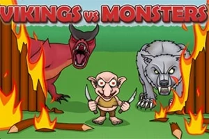 赤いドラゴン、武器を持った小さなキャラクター、灰色のオオカミが燃える木々の間に立っている。