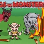 赤いドラゴン、武器を持った小さなキャラクター、灰色のオオカミが燃える木々の間に立っている。