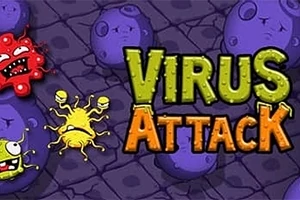 カラフルなウイルスのキャラクターと「VIRUS ATTACK」というテキストが表示されたイラスト。