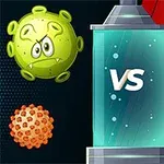 緑のウイルスキャラクターと2種類の盾アイコンが「VS」で対峙しているイラスト。