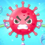 怒った顔の赤いウイルスキャラクターが青い背景に描かれ、周囲に注射器とヘルメットが配置されているイラスト。