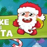 サンタクロースのイラストと「WAKE THE SANTA」という文字、周りにキャンディケーンと緑の装飾が描かれている画像。