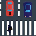 横断歩道を渡るカラスと、3台の異なる色の車が並ぶシーン。