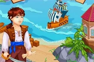 海賊の服を着た少年が剣を持ち、背景に帆船が海を進む様子。