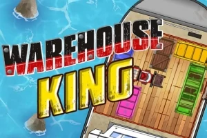 ボートのデッキに複数のカラフルな箱と「WAREHOUSE KING」というテキストが表示されているイラスト。
