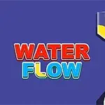 青い背景に、赤と青の「WATER FLOW」という文字と、黄色い液体が漏斗を通って容器に注がれているイラスト。