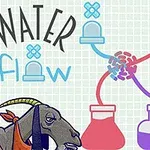 赤と青のフラスコがチューブでつながり、「WATER flow」という文字があり、人とヤギのイラストが描かれている。