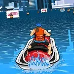 ジェットスキーに乗ったキャラクターが、水上を進む様子が描かれたイラスト。