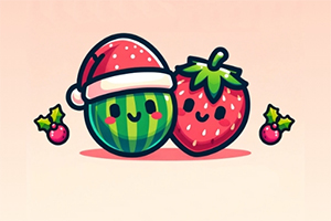 サンタ帽をかぶった笑顔のスイカと笑顔のいちごのイラスト。