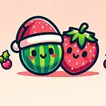 サンタ帽をかぶった笑顔のスイカと笑顔のいちごのイラスト。