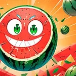 笑顔のスイカのキャラクターが背景に他のスイカと共に描かれているイラスト。