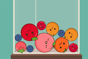 箱の中に顔が描かれた複数のカラフルな果物キャラクターが詰め込まれているイラスト。