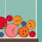 箱の中に顔が描かれた複数のカラフルな果物キャラクターが詰め込まれているイラスト。