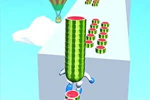 青空の下、スライスされたスイカの塔を運ぶキャラクターが平台を進んでいる様子。