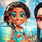 海辺で水着を着た2人のキャラクターのイラスト。