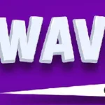 紫色の背景に大きな白い文字で「WAVE」と書かれた上に、黒い円と白い三角形のデザインが配置されている画像。