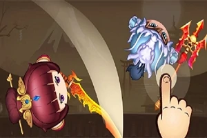 キャラクターが剣で戦う場面と、画面にタッチする指が描かれているイラスト。
