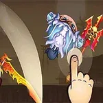 キャラクターが剣で戦う場面と、画面にタッチする指が描かれているイラスト。